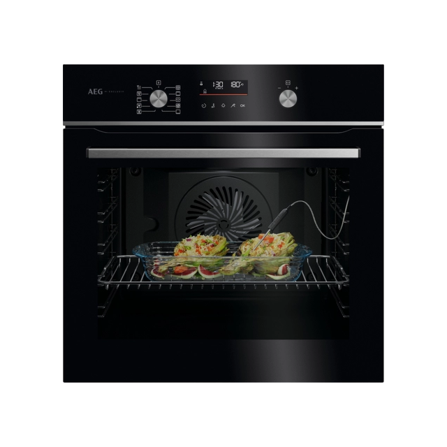 AEG GA5PB50FAB 59.5cm Built In Electric Single Oven - Gloss Black with Steel Trim